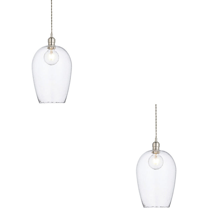 2 PACK Hanging Ceiling Pendant Light - Bright Nickel Plate & Clear Hammered Large Glass - 10W LED E27