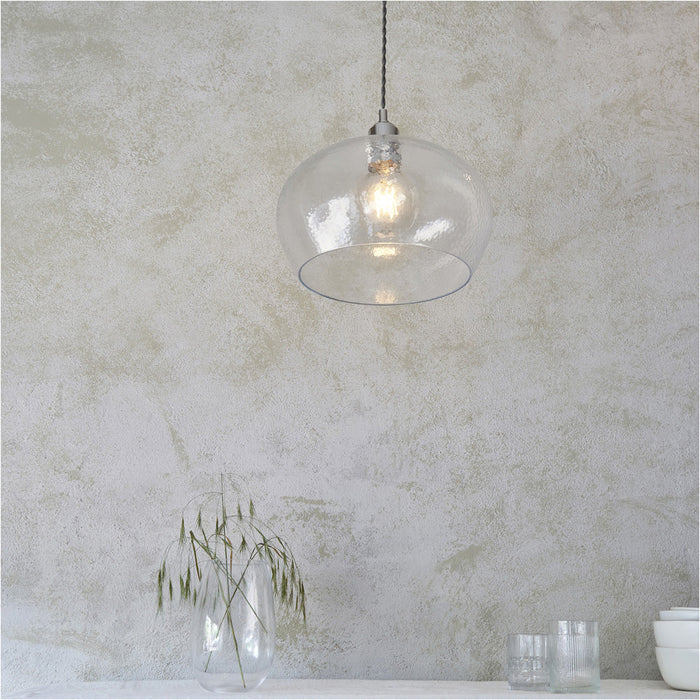 Hanging Ceiling Pendant Light - Bright Nickel Plate & Clear Hammered Dome Glass - 10W LED E27