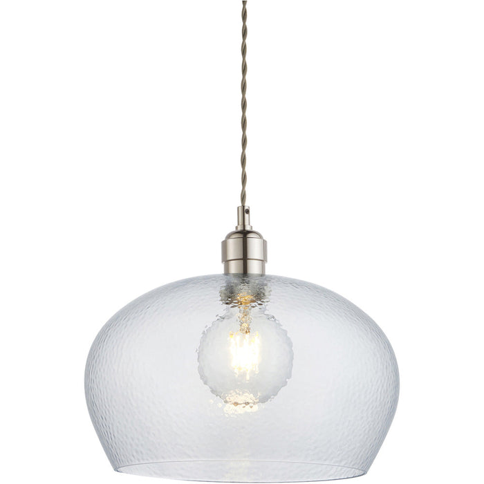 Hanging Ceiling Pendant Light - Bright Nickel Plate & Clear Hammered Dome Glass - 10W LED E27