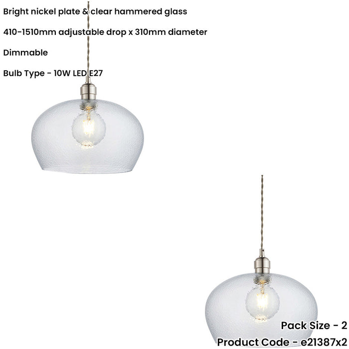 2 PACK Hanging Ceiling Pendant Light - Bright Nickel Plate & Clear Hammered Dome Glass - 10W LED E27