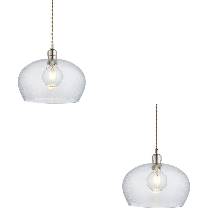 2 PACK Hanging Ceiling Pendant Light - Bright Nickel Plate & Clear Hammered Dome Glass - 10W LED E27