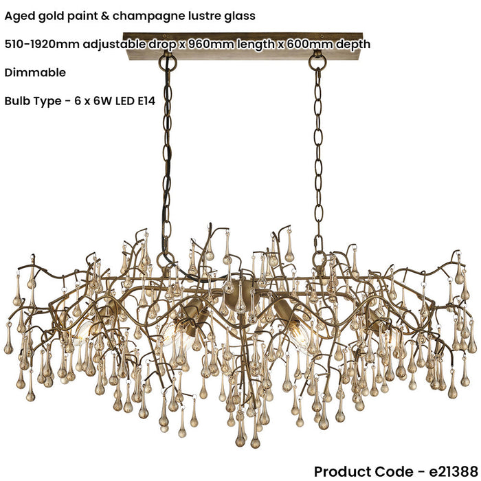 Multi Arm Hanging Ceiling Pendant Light - Aged Gold Paint & Champagne Lustre Glass Shade - 6 x 6W LED E14