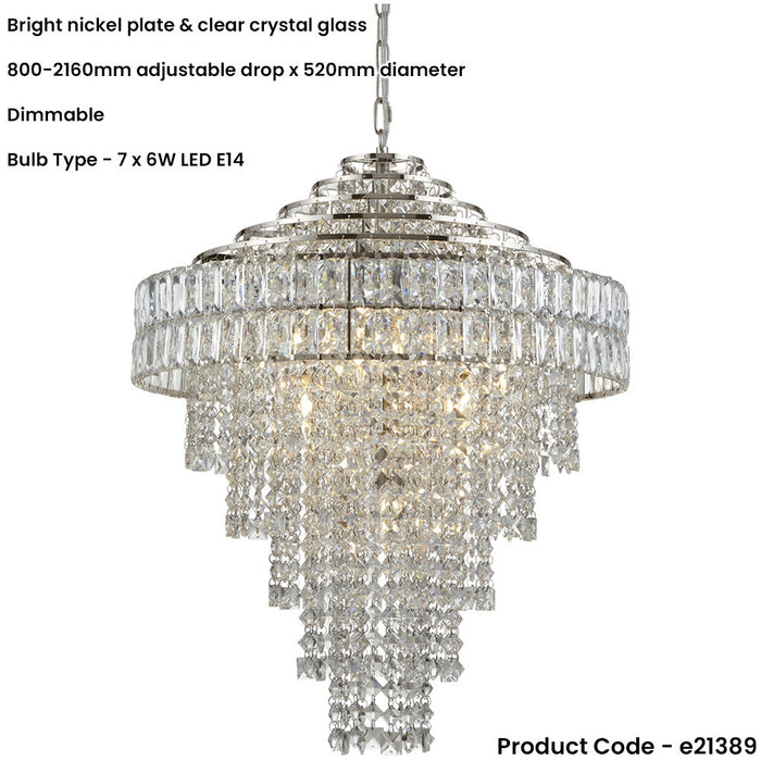 Multi Arm Hanging Ceiling Pendant Light - Bright Nickel Plate & Clear Crystal Glass Shade - 7 x 6W LED E14