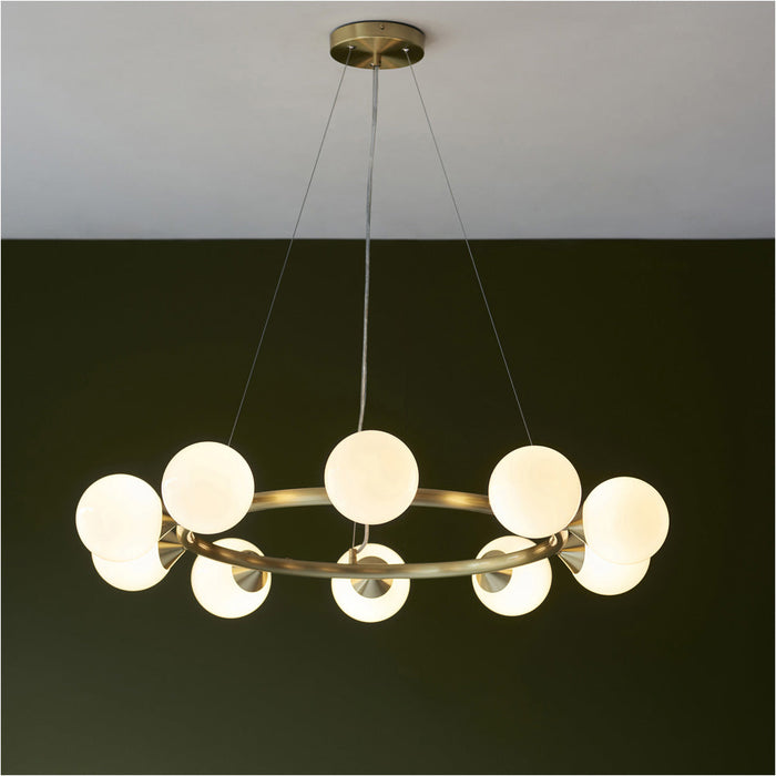 Multi Arm Hanging Ceiling Pendant Light - Satin Brass Plate & Gloss White Glass Shade - 10 x 3W LED G9