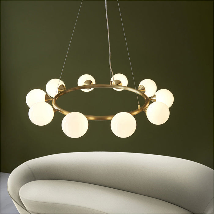 Multi Arm Hanging Ceiling Pendant Light - Satin Brass Plate & Gloss White Glass Shade - 10 x 3W LED G9