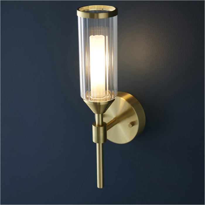 Satin Brass Dimmable Wall Light - Ribed & Frosted Glass Shade - 3W LED G9 Candle Effect