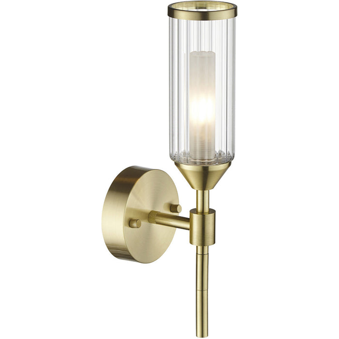 Satin Brass Dimmable Wall Light - Ribed & Frosted Glass Shade - 3W LED G9 Candle Effect