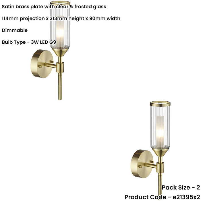 2 PACK Satin Brass Dimmable Wall Light - Ribed & Frosted Glass Shade - 3W LED G9 Candle Effect