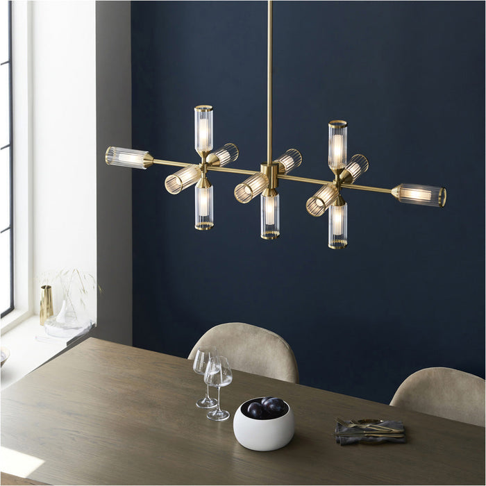 Hanging Ceiling Bar Pendant Light - 13x Ribbed Frosted Glass Shades - Satin Brass Linear Lamp