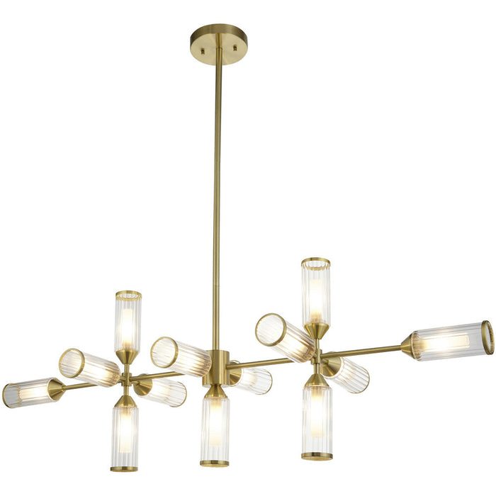 Hanging Ceiling Bar Pendant Light - 13x Ribbed Frosted Glass Shades - Satin Brass Linear Lamp