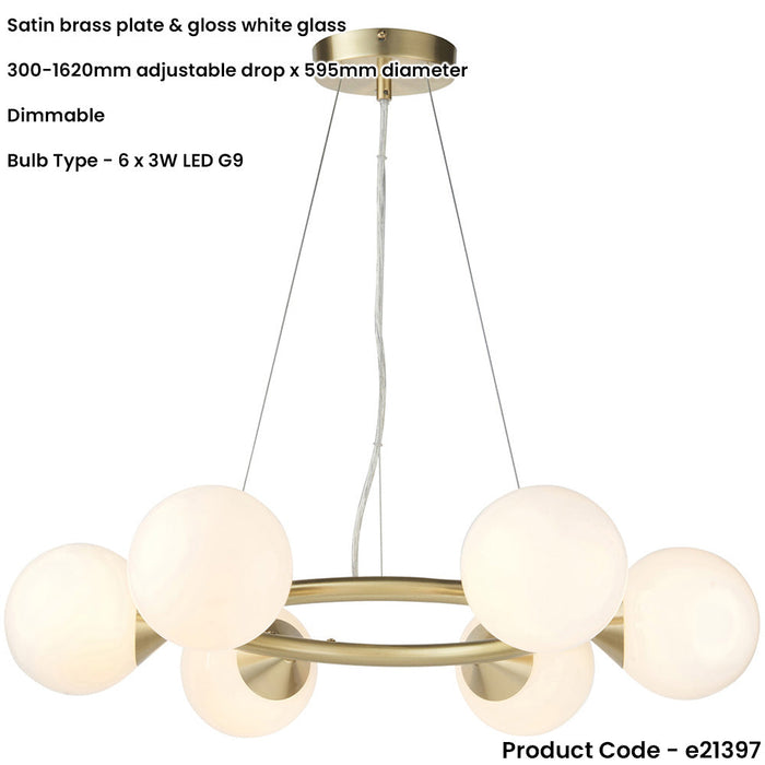 Multi Arm Hanging Ceiling Pendant Light - Satin Brass Plate & Gloss White Glass Shade - 6 x 3W LED G9