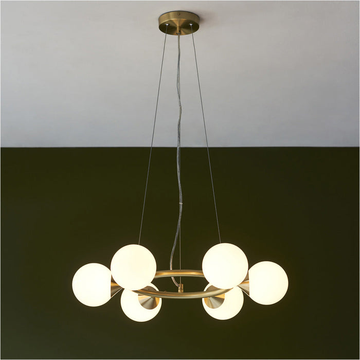 Multi Arm Hanging Ceiling Pendant Light - Satin Brass Plate & Gloss White Glass Shade - 6 x 3W LED G9