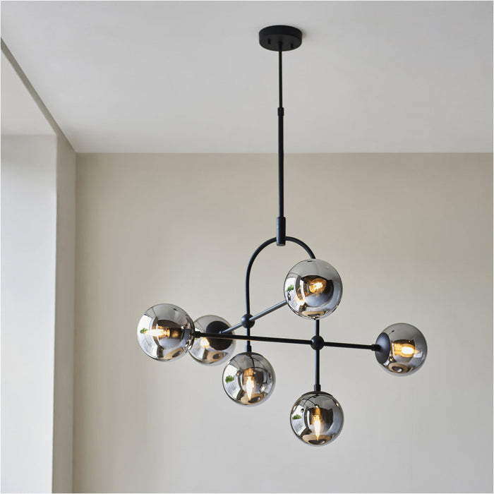 Multi Arm Ceiling Pendant & 2x Matching Wall Lights - Matt Black Frame Grey Tinted Glass Shade Set