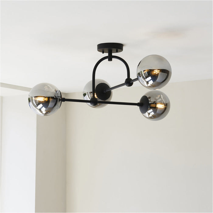 Semi Flush Low Ceiling Pendant & 2x Matching Wall Lights - Matt Black Frame Grey Tinted Glass Shade Set