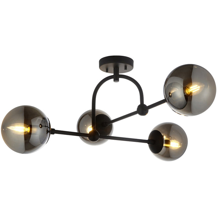 Semi Flush Low Ceiling Pendant & 2x Matching Wall Lights - Matt Black Frame Grey Tinted Glass Shade Set