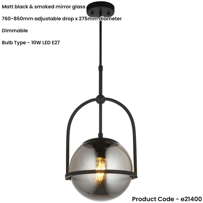 Single Hanging Ceiling Pendat & 2x Matching Wall Lights - Matt Black Frame Grey Tinted Glass Shade Set