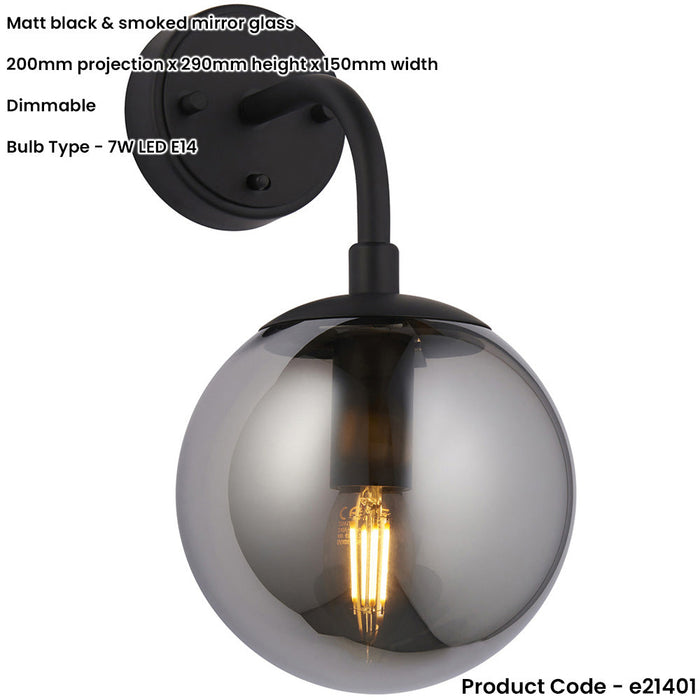 Matt Black Wall Light - Modern Beautiful Smoked Mirror Glass Round Shade - Toggle Switch