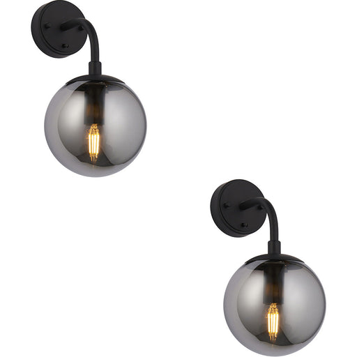 2 PACK Matt Black Wall Light - Modern Beautiful Smoked Mirror Glass Round Shade - Toggle Switch