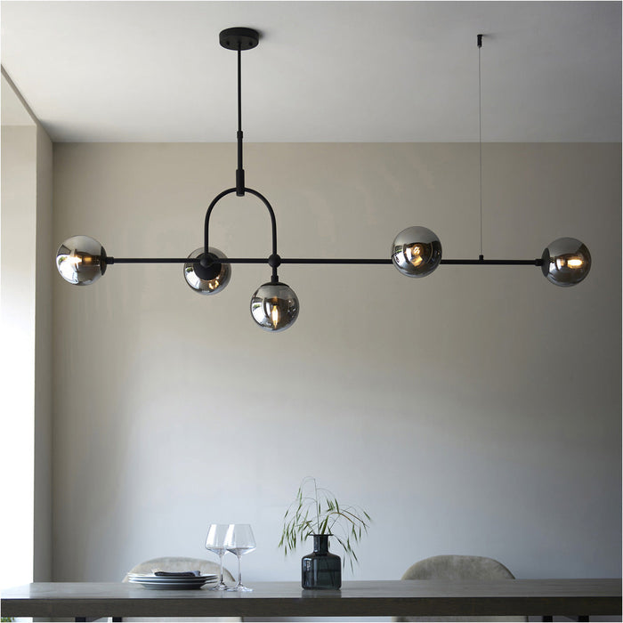 Hanging Ceiling Bar Pendant Light - 5x Grey Tinted Glass Shades - Matt Black Linear Lamp