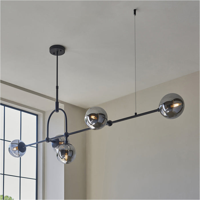 Hanging Ceiling Bar Pendant Light - 5x Grey Tinted Glass Shades - Matt Black Linear Lamp