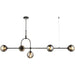 Hanging Ceiling Bar Pendant Light - 5x Grey Tinted Glass Shades - Matt Black Linear Lamp