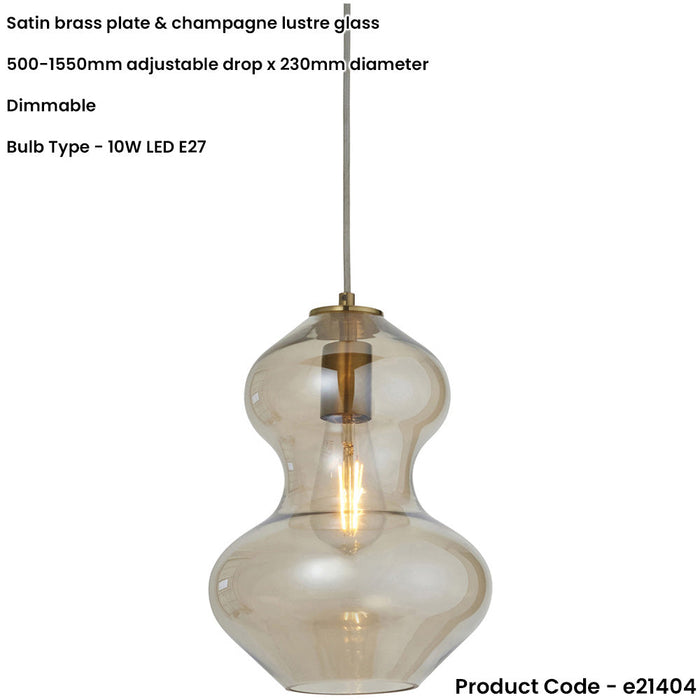 Hanging Ceiling Pendant Light - Satin Brass Plate & Champagne Lustre Glass - Hour Glass Shade