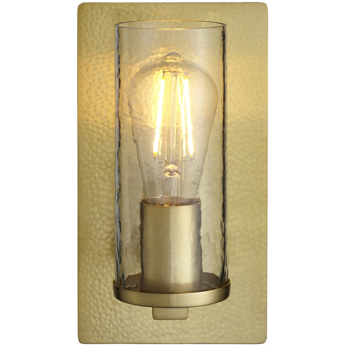 Brass Hammered Dimmable Wall Light - Clear Textured Round Glass Shade - E27 Open bulb