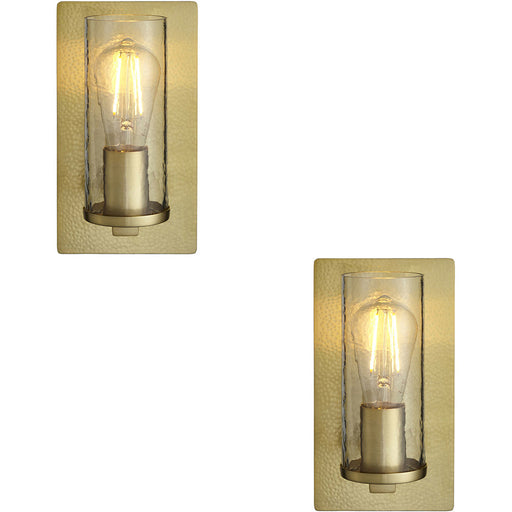 2 PACK Brass Hammered Dimmable Wall Light - Clear Textured Round Glass Shade - E27 Open bulb