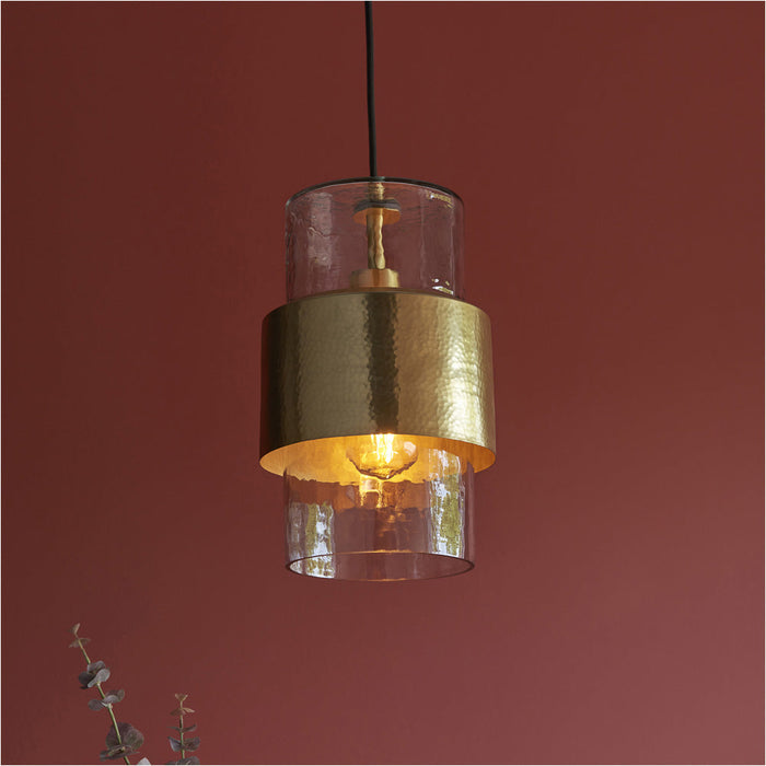 Single Hanging Ceiling Pendat & 2x Matching Wall Lights - Brass Hammered Dimmable Set