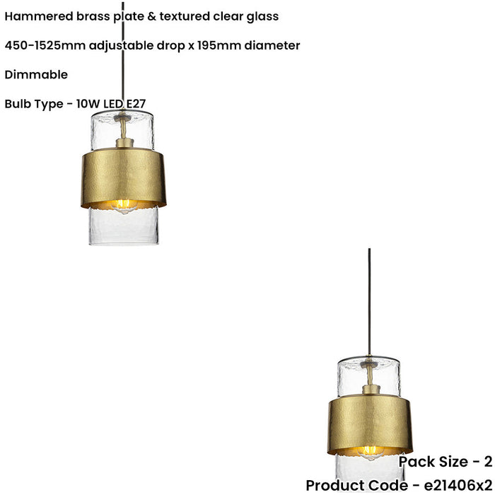 2 PACK Hanging Ceiling Pendant Light - Hammered Brass Plate & Textured Clear Glass - 10W LED E27