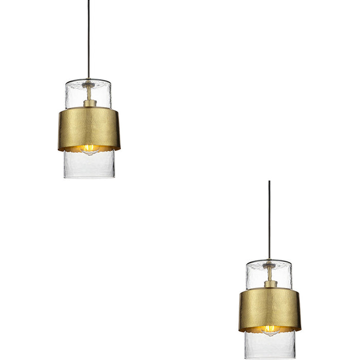 2 PACK Hanging Ceiling Pendant Light - Hammered Brass Plate & Textured Clear Glass - 10W LED E27