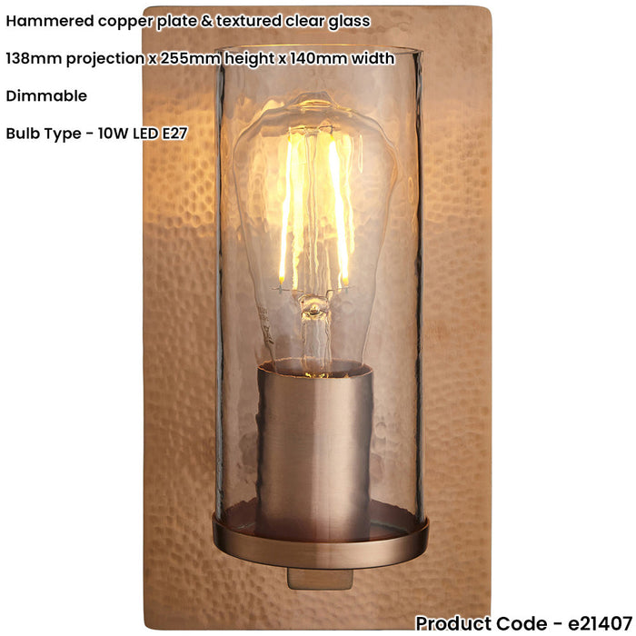 Copper Hammered Dimmable Wall Light - Clear Textured Round Glass Shade - E27 Open bulb