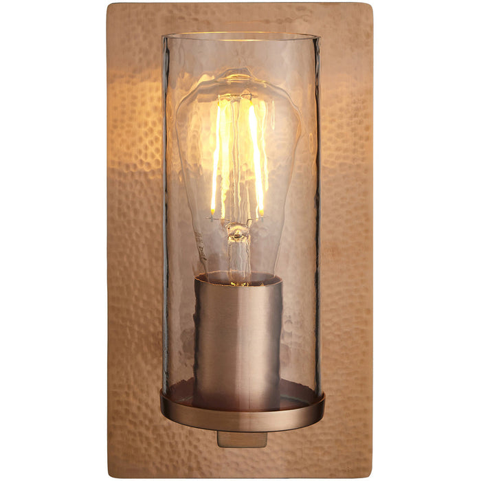 Copper Hammered Dimmable Wall Light - Clear Textured Round Glass Shade - E27 Open bulb