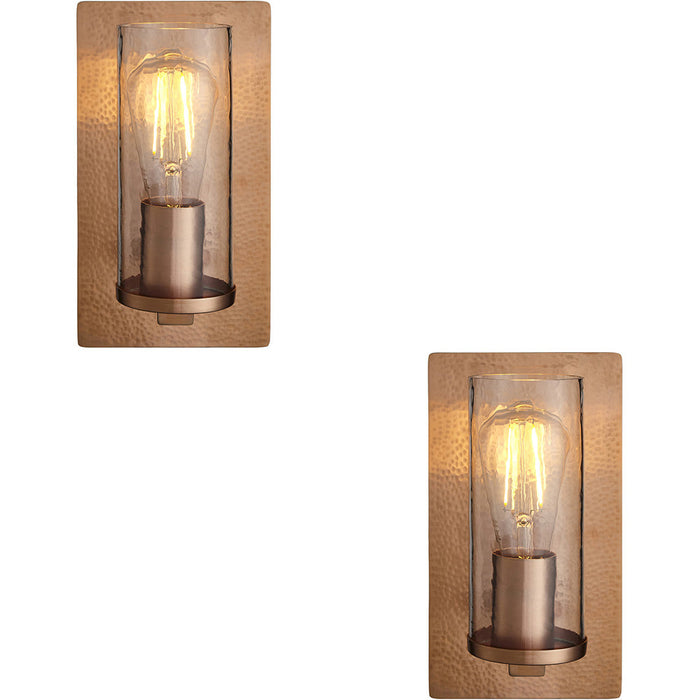 2 PACK Copper Hammered Dimmable Wall Light - Clear Textured Round Glass Shade - E27 Open bulb