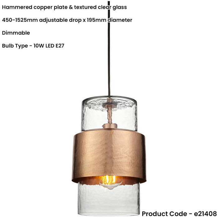 Hanging Ceiling Pendant Light - Hammered Copper Plate & Textured Clear Glass - 10W LED E27