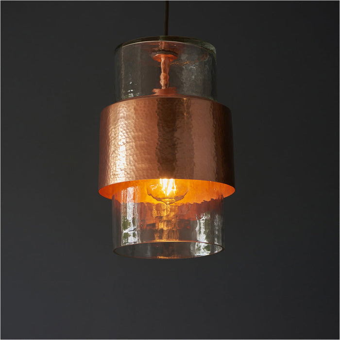 Hanging Ceiling Pendant Light - Hammered Copper Plate & Textured Clear Glass - 10W LED E27