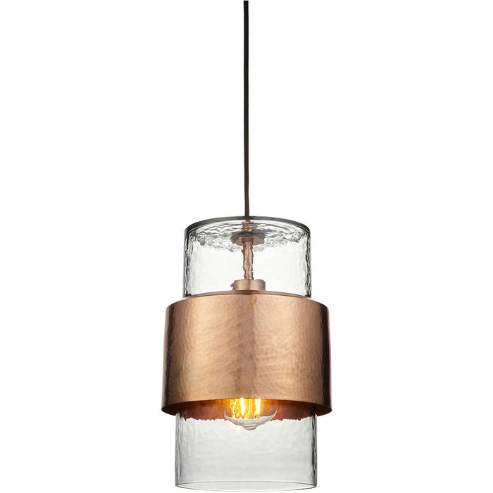 Hanging Ceiling Pendant Light - Hammered Copper Plate & Textured Clear Glass - 10W LED E27