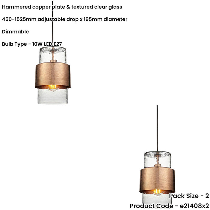 2 PACK Hanging Ceiling Pendant Light - Hammered Copper Plate & Textured Clear Glass - 10W LED E27