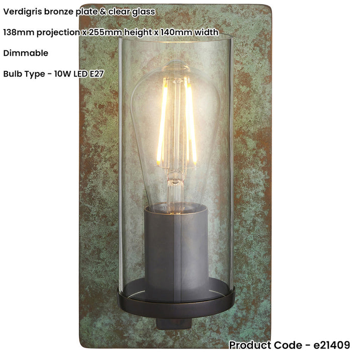 Verdigris Bronze Dimmable Wall Light - Clear Round Glass Shade - 10W LED E27