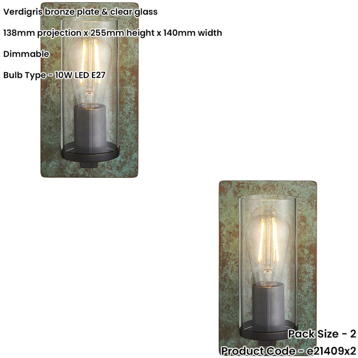 2 PACK Verdigris Bronze Dimmable Wall Light - Clear Round Glass Shade - 10W LED E27