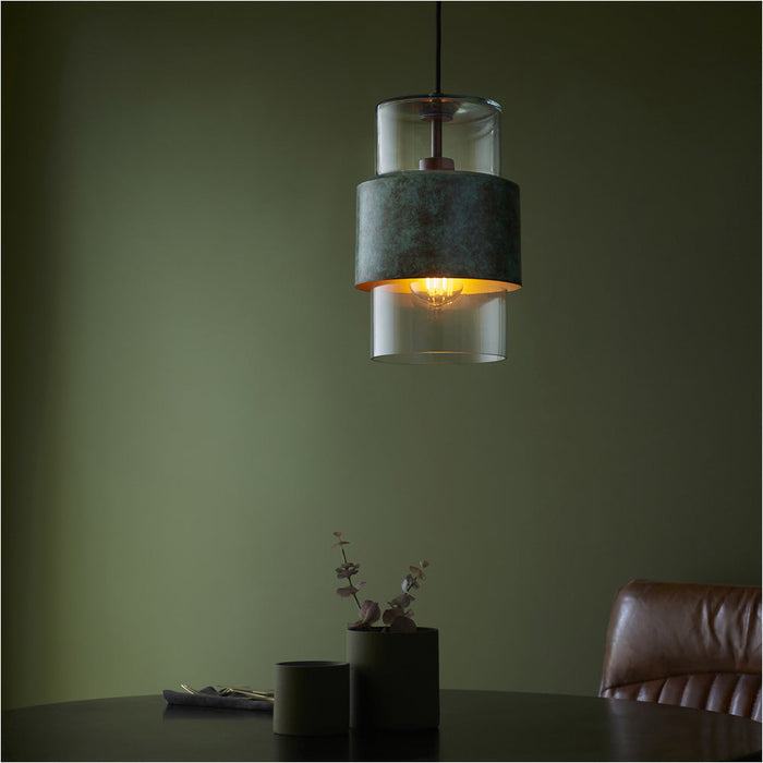 Single Hanging Ceiling Pendat & 2x Matching Wall Lights - Verdigris Hammered Dimmable Set