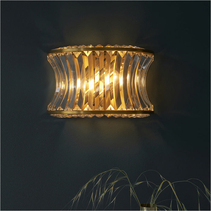 2 PACK Glass Dimmable Wall Light - Concave Effect Clear Crystals - Warm Brass Edge