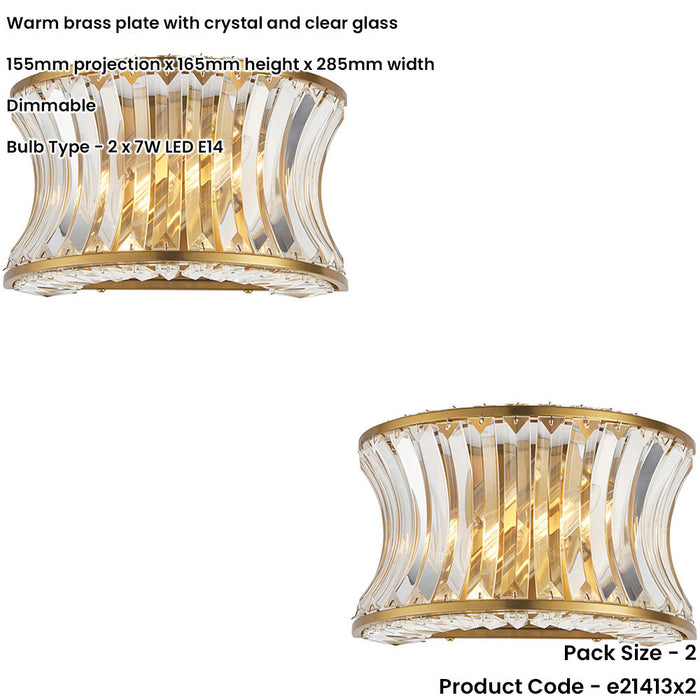 2 PACK Glass Dimmable Wall Light - Concave Effect Clear Crystals - Warm Brass Edge