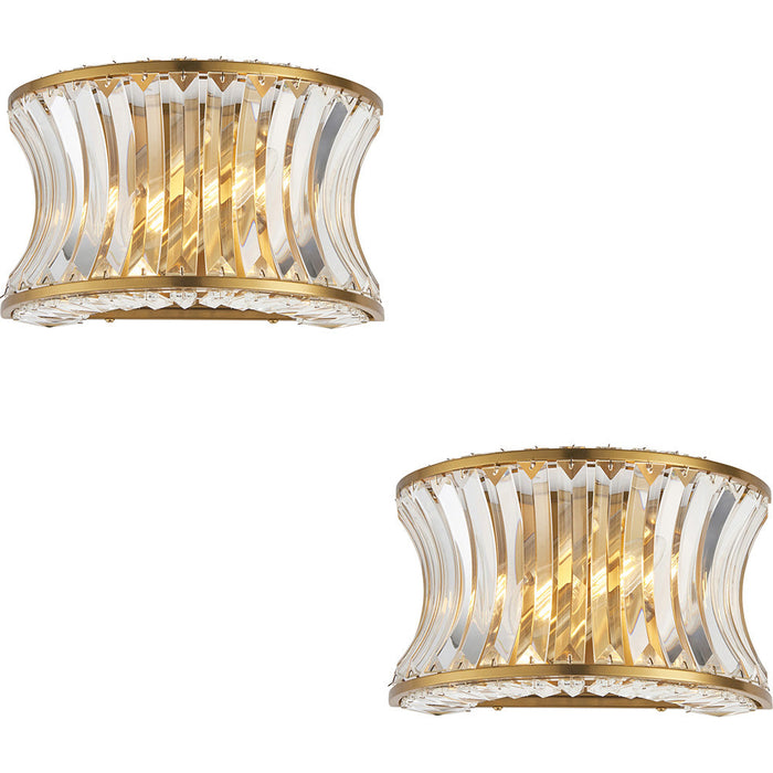 2 PACK Glass Dimmable Wall Light - Concave Effect Clear Crystals - Warm Brass Edge