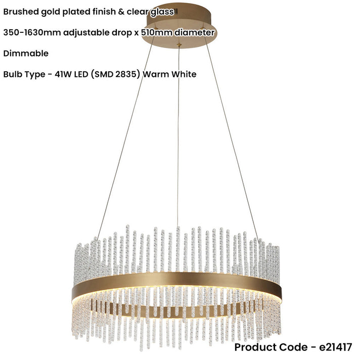 Hanging Ceiling Pendant Light - Brushed Gold Plated Finish & Clear Glass - 41W LED (Smd 2835) Warm White