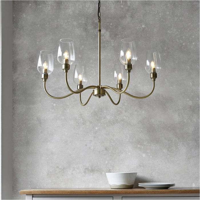 Multi Arm Hanging Ceiling Pendant Light - Antique Brass Plate & Clear Glass Shade - 6 x 6W LED E14