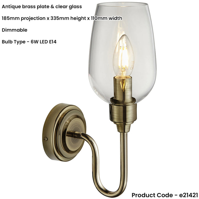 Antique Brass Dimmable Wall Light - Clear Glass Shade - 6W LED E14 Candle