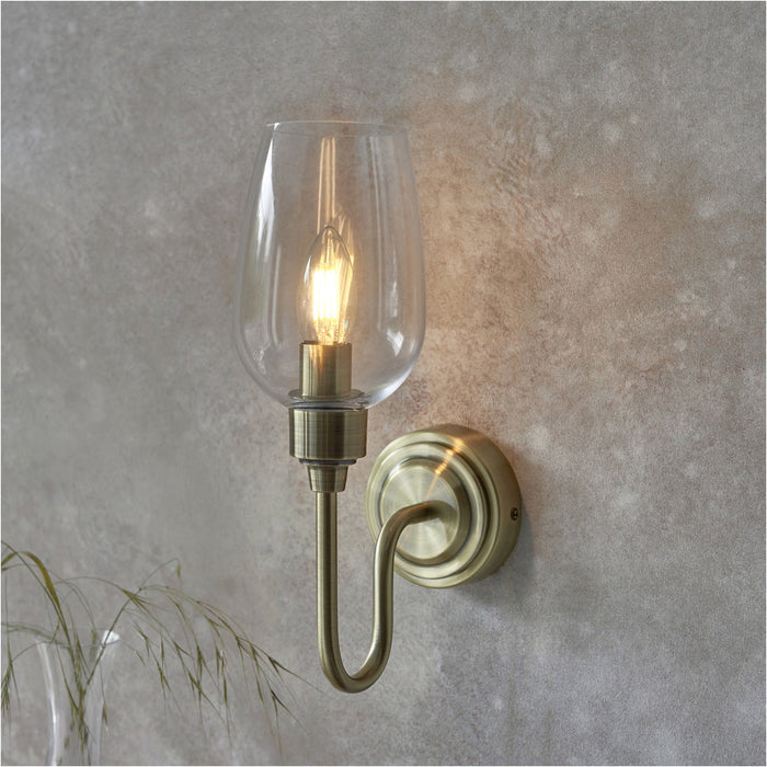 2 PACK Antique Brass Dimmable Wall Light - Clear Glass Shade - 6W LED E14 Candle