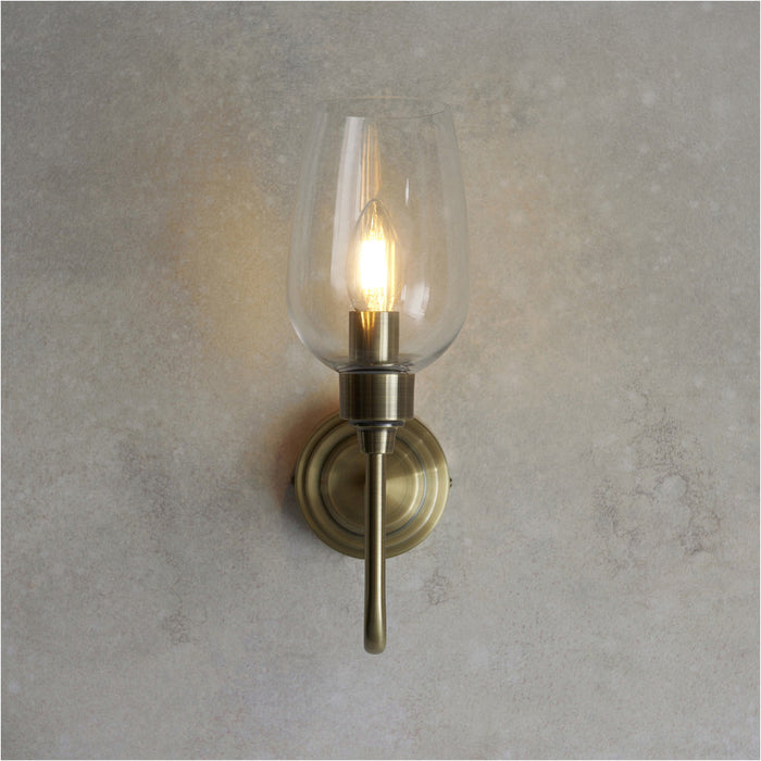 Antique Brass Dimmable Wall Light - Clear Glass Shade - 6W LED E14 Candle