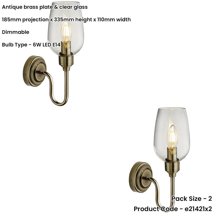 2 PACK Antique Brass Dimmable Wall Light - Clear Glass Shade - 6W LED E14 Candle